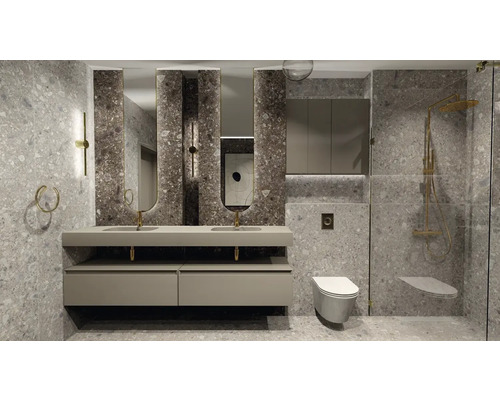 Moderná kúpeľňa s umývadlom, zrkadlami, toaletou a sprchou využívajúca sivé kameninové obklady.