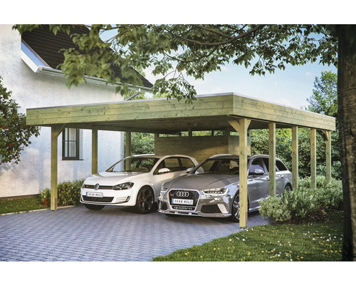 Dvojitý drevený prístrešok pre auto s dvoma zaparkovanými autami