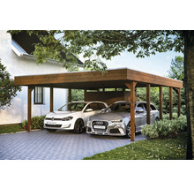 Dvojitý drevený carport s dvoma parkujúcimi autami