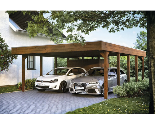 Dvojitý drevený carport s dvoma parkujúcimi autami