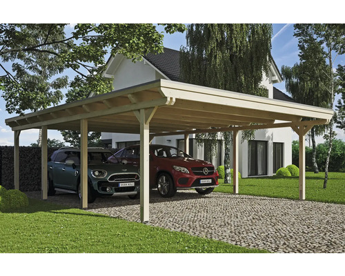 Prístrešok na auto SKAN HOLZ Emsland dvojitý 613 x 846 cm prírodný vr. EPDM fólia Drevený prístrešok pre auto s dvoma zaparkovanými autami
