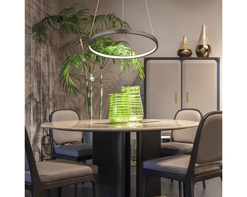 Jedálenský stôl so stoličkami pod kruhovým závesným svietidlom v jedálni