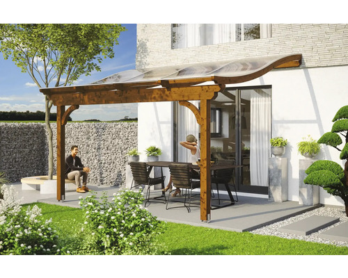 Zastrešenie terasy SKAN HOLZ Verona 434x239 cm, lepené lamelové drevo orech Drevené zastrešenie terasy so záhradným nábytkom na terase