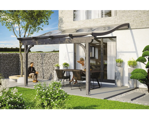 Zastrešenie terasy SKAN HOLZ Verona 434x239 cm, lepené lamelové drevo bridlicovo sivé Terasa s dreveným prístreškom, stolom a stoličkami v záhrade
