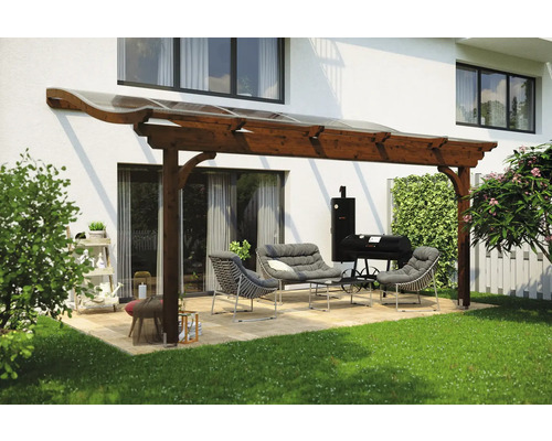 Zastrešenie terasy SKAN HOLZ Verona 541x289 cm, orechové lepené drevo Terasa s dreveným prístreškom, záhradným nábytkom a grilom