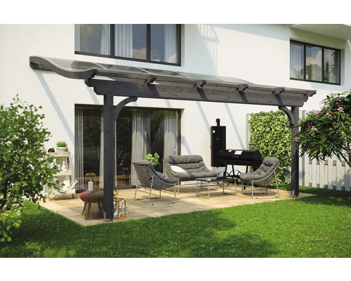 Zastrešenie terasy SKAN HOLZ Verona 541x389 cm, bridlicovo sivé lepené lamelové drevo Terasa s dreveným zastrešením, sedením a grilom pre vonkajšie použitie.
