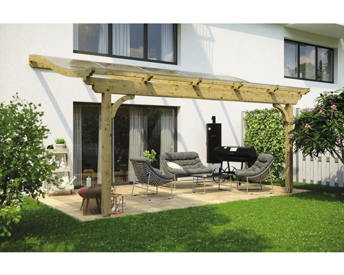 Zastrešenie terasy SKAN HOLZ Verona 541 x 289 cm lepené lamelové drevo neošetrené Terasa s dreveným prístreškom, sedacím nábytkom a grilom