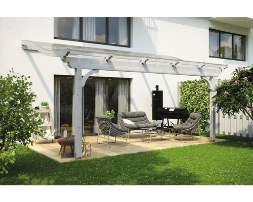 Zastrešenie terasy SKAN HOLZ Verona 541 x 389 cm lepené lamelové drevo biele ošetrené Terasa so zastrešením terasy, sedením a grilom