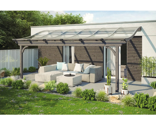 Zastrešenie terasy SKAN HOLZ Verona 648x389 cm, lepené lamelové drevo bridlicovo sivé Drevené zastrešenie terasy s priehľadnou strechou a posedením v záhrade