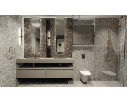 Moderná kúpeľňa s umývadlom, zrkadlami, sprchou a toaletou na sivom pozadí