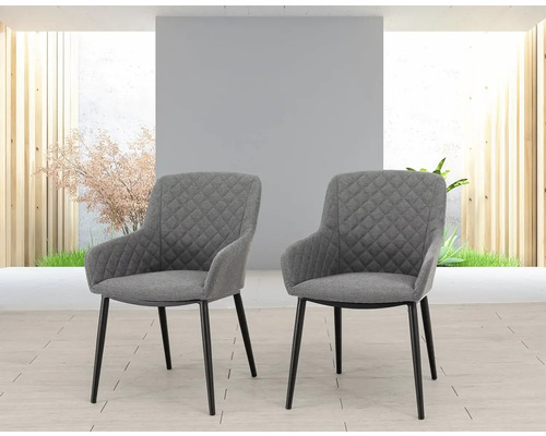 Dve sivé jedálenské stoličky s podrúčkami a prešívaným poťahom