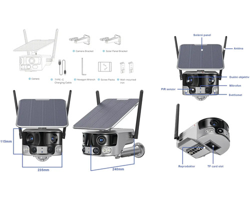 Bezpečnostná kamera so solárnym panelom, anténou, mikrofónom, reproduktorom a montážnym príslušenstvom