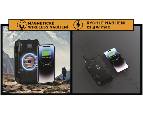 Obrázok mobilného telefónu magneticky a káblom pripojeného k čiernej elektrárni