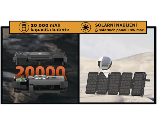Prenosná solárna nabíjačka s kapacitou batérie 20000 mAh a piatimi solárnymi panelmi