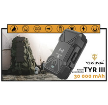 Solárna nabíjačka Viking Technology TYR III s kapacitou 30000 mAh a symbolmi pre vodotesnosť, nárazuvzdornosť, indikátor stavu nabitia, svietidlo, batériu, slnečný symbol, blesk a magnet
