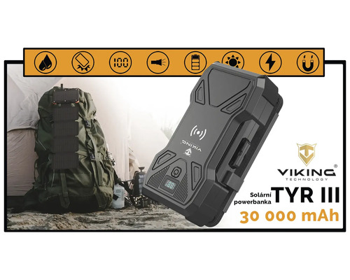 Solárna nabíjačka Viking Technology TYR III s kapacitou 30000 mAh a symbolmi pre vodotesnosť, nárazuvzdornosť, indikátor stavu nabitia, svietidlo, batériu, slnečný symbol, blesk a magnet