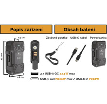 Obrázok powerbanky Viking s USB-C káblom a pútkom na prenášanie, vrátane rozmerov