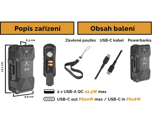 Obrázok powerbanky Viking s USB-C káblom a pútkom na prenášanie, vrátane rozmerov