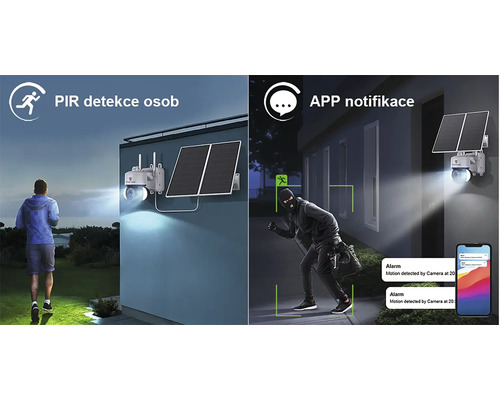 Bezpečnostná kamera so solárnym panelom a pohybovým senzorom na detekciu osôb s upozornením aplikácie.