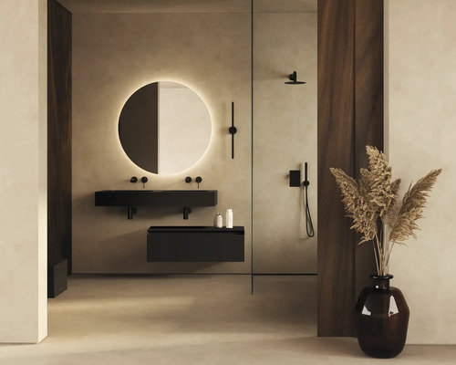 Moderná kúpeľňa s umývadlami, zrkadlom s osvetlením a sprchou