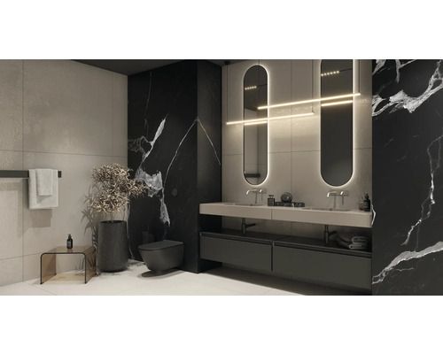 Moderná kúpeľňa s umývadlom, zrkadlami, toaletou a dekoráciou