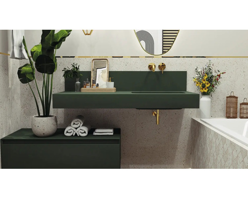 Kúpeľňa s umývadlom, skrinkou pod umývadlom, zrkadlom a rastlinami