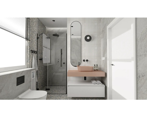 Kúpeľňa so sprchou, umývadlom, zrkadlom a toaletou