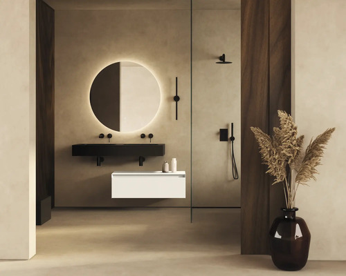 Moderná kúpeľňa s okrúhlymi zrkadlami a umývadlom