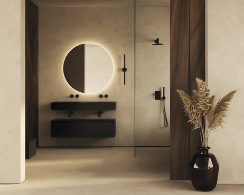 Moderná kúpeľňa s umývadlom, zrkadlom s osvetlením a sprchou.