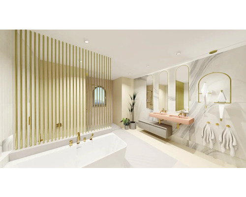 Svetlá kúpeľňa s vaňou, umývadlom, zrkadlami a zlatými akcentmi