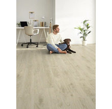 Svetlá izba s laminátovou podlahou, sedí na nej muž a pes, v pozadí stôl a gitara