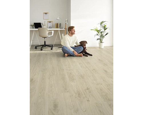 Svetlá izba s laminátovou podlahou, sedí na nej muž a pes, v pozadí stôl a gitara