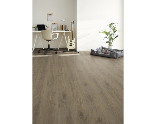 Svetlá miestnosť s laminátovou podlahou, písacím stolom, stoličkou, gitarou, izbovou rastlinou a pelechom pre psa