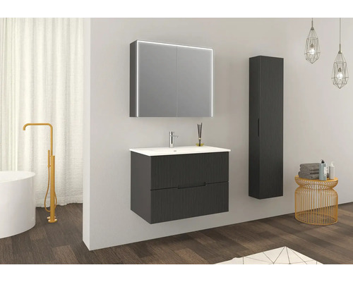 Moderná kúpeľňová súprava s umývadlom, zrkadlovou skrinou a vysokou skriňou