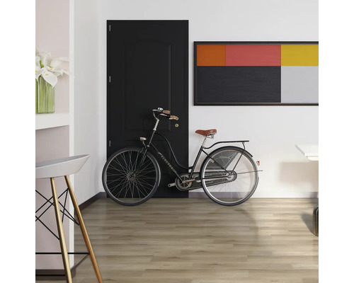 Interiér s drevenou podlahou, čiernymi dverami a bicyklom