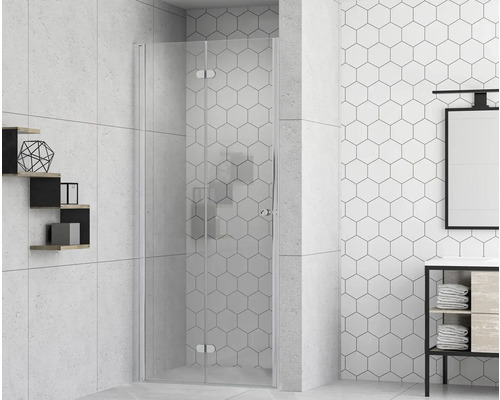 Sprchové dvere s otočnými skladacími dverami form&style MODENA 90 x 195 cm profil chróm číre sklo povrchová úprava skla odpudzujúca nečistoty rýchlomontážny systém Kúpeľňa so skleneným sprchovacím kútom, skrinkou pod umývadlo a zrkadlom