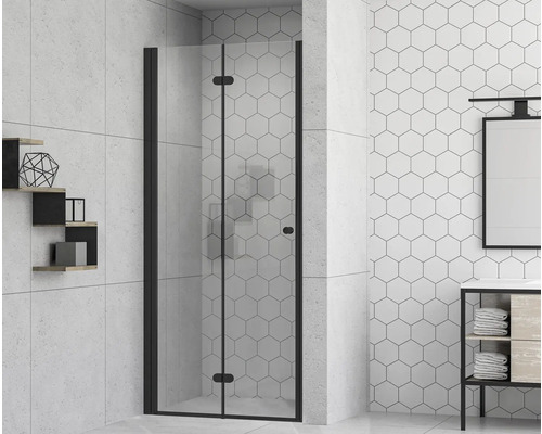 Sprchové dvere s otočnými skladacími dverami form&style MODENA 90 x 195 cm profil čierny číre sklo povrchová úprava skla odpudzujúca nečistoty rýchlomontážny systém