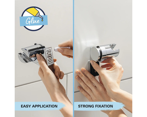 Aplikácia lepidla na sprchový držiak pre jednoduchú inštaláciu a silnú fixáciu.