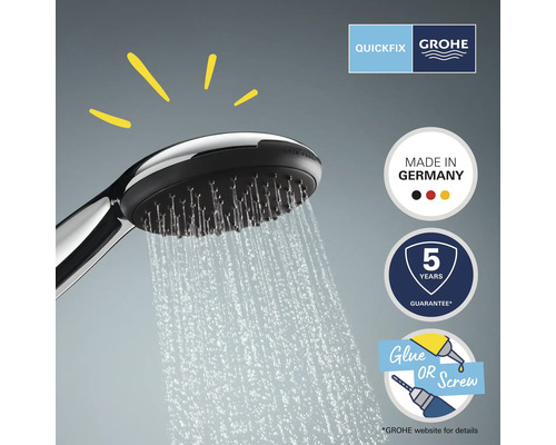 Sprchová hlavica s prúdom vody, logo Grohe Quickfix, logo Grohe, pečať Vyrobené v Nemecku, pečať 5 rokov záruka, symbol Lepidlo alebo skrutka