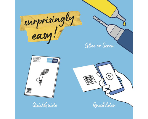 Ilustrovaný montážny návod s lepidlom, skrutkou, QR kódom a video návodom