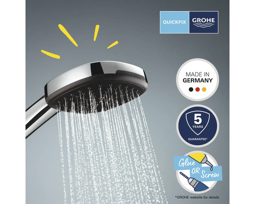 Sprchová hlavica s prúdom vody, logo Grohe Quickfix, pečať Made in Germany, pečať päťročnej záruky, symbol lepenia alebo skrutkovania