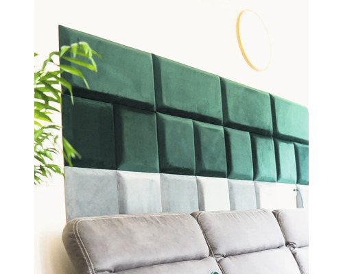 Čalúnený nástenný panel so štvorcovým dizajnom, látkovým poťahom a dvojfarebným vzhľadom ako dekoratívny prvok na stene