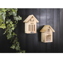 Dva drevené hotely pre hmyz visia na stene vedľa zelenej rastliny.