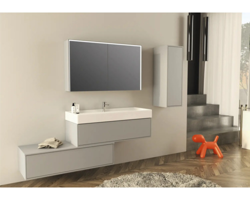 Moderná kúpeľňa s umývadlom, zrkadlovou skrinkou, závesnou skrinkou a dekoratívnym psím objektom