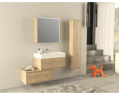 Moderný kúpeľňový komplet s umývadlom, zrkadlovou skrinkou a vysokou skriňou