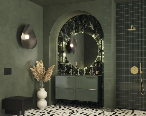 Moderná kúpeľňa s umývadlom, zrkadlom, sprchou a dekoratívnymi prvkami