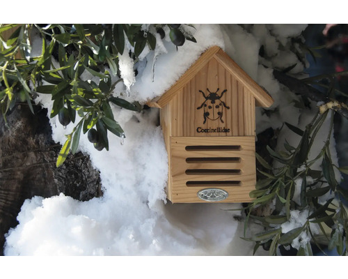 Drevený domček pre lienky s dekoráciou v záhrade