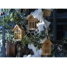 Niekoľko drevených hmyzích hotelov pre rôzne druhy hmyzu visí na kmeni stromu.