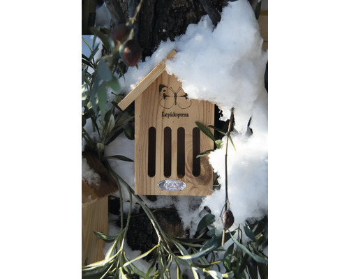 Hmyzí hotel s motívom motýľa a slovom Lepidoptera čiastočne pokrytý snehom.