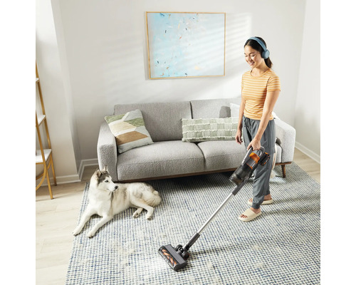 Žena vysáva akumulátorovým vysávačom koberec v obývacej izbe, zatiaľ čo sa pes pozerá.